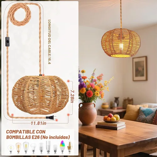 Vista 6 de Luces Colgantes con Cable de Enchufe, Lámpara Colgante de Ratán, Luminarias de Techo Boho, Lámpara Colgante de Estilo Rústico para Sala de Estar