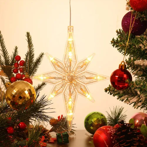 Vista 5 de Uonlytech Luz de ventana de estrella de Navidad, luces LED de estrella colgantes de Navidad con ventosa, funciona con pilas, luz de estrella