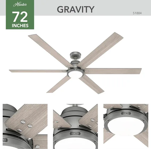 Vista 2 de Hunter Ventilador de techo de plata mate de gravedad WiFi de 72 pulgadas con kit de luz LED y control remoto de mano