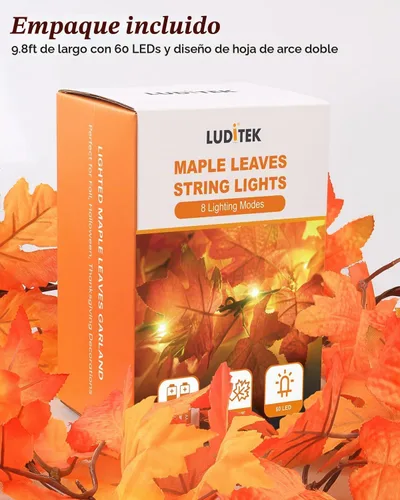 Vista 7 de Guirnalda de otoño de 60 luces LED de 9.8 pies con luces, 8 modos de iluminación, luces de hojas de arce alimentadas por pilas, decoraciones