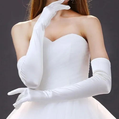 Vista 17 de DreamHigh Manoplas de dedo para mujer de 22 pulgadas sobre el codo, guantes largos de noche negro/blanco