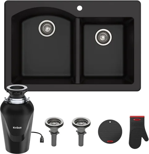 Vista 28 de Kraus Forteza - Fregadero de cocina de doble seno 50/50 de granito de instalación empotrada/sobre encimera, 33 pulgadas, color negro (KGD-52BLACK)
