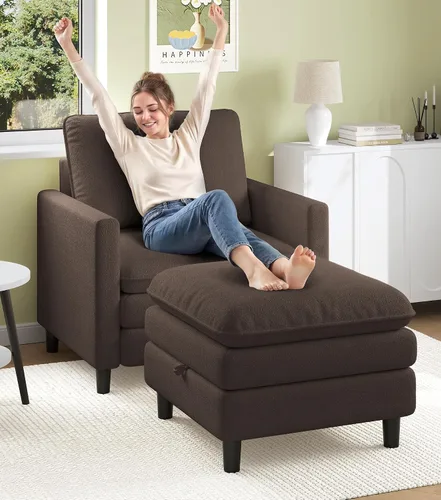 Vista 26 de Welzona Loveseat, 51" Small L Shaped Couch, Comfy Teddy Love Seat with Ottoman Set, Tool-Free Setup Loveseat Sofa with Ottoman, All-Wood Small Sofa