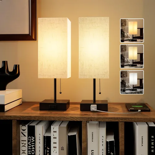 Vista 9 de Lámpara de mesa YIDPU para dormitorio, lámpara de mesita de noche para cabecera con tomas de corriente AC, lámpara de escritorio LED ajustable de 3
