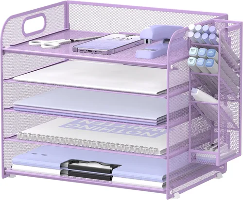 Vista 7 de SUPEASY Organizador de escritorio de 5 niveles con asa y soportes extraíbles para bolígrafos, organizador de papel de malla/archivos para Negro