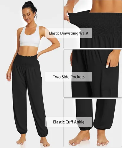 Vista 3 de UEU Pantalones de yoga holgados casuales para mujer, cintura alta, estilo bohemio, pijama con bolsillos