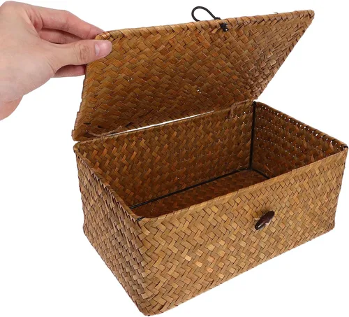 Vista 7 de Almacenamiento de pastos marinos con tapa: cesta rectangular tejida de mimbre natural para el hogar, cajas organizadoras de estantes, organizador