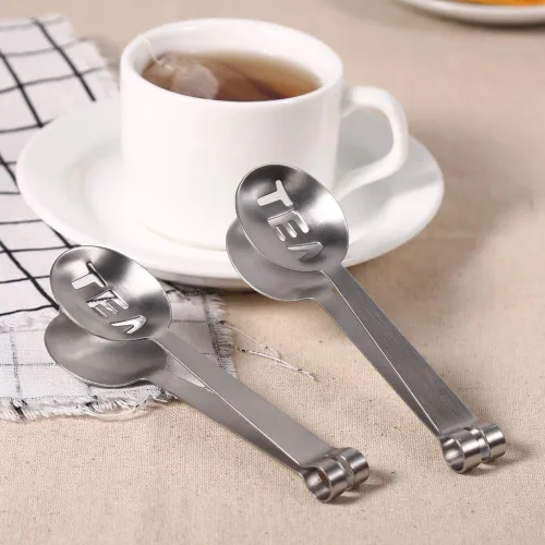 Vista 2 de Pinzas para exprimir bolsas de té, cuchara para bolsa de té, mini y ligeras, duraderas, resistentes a la corrosión, mango ergonómico