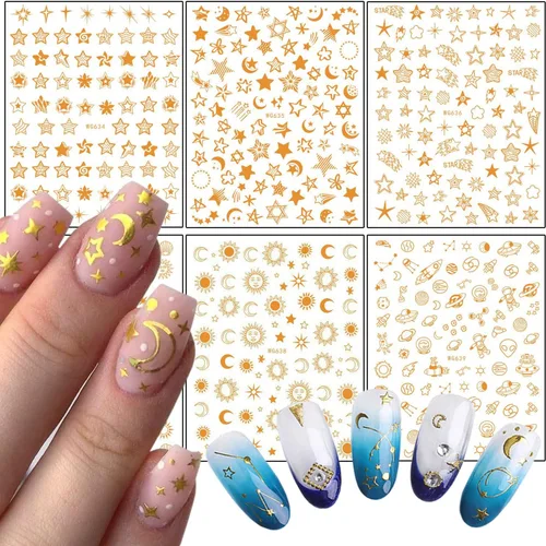 Vista 8 de Calcomanías doradas para arte de uñas, relojes, flores, hojas, mariposas, amor, corazón, estrellas, ala, calcomanías autoadhesivas para uñas