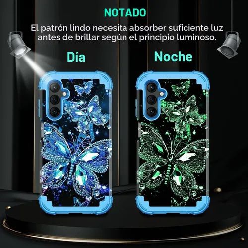 Vista 3 de Miqala Funda para Galaxy A14 5G, que brilla en la oscuridad, tres capas, resistente, a prueba de golpes, protección completa, parachoques de Azul