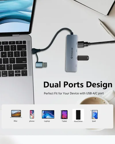 Vista 4 de Hub USB 3.0, adaptador multipuerto USB, concentrador extensor USB de 4 puertos, divisor USB para portátil/PC/MacBook/iPad Pro/iMac y más