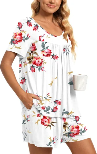 Vista 3 de TAOHUADAO Conjunto de pijama de 2 piezas para mujer, de manga corta, con bolsillos