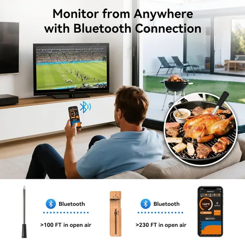 Vista 3 de Newise Termómetro de Carne Inalámbrico Bluetooth con Aplicación Inteligente, Largo Alcance y Carga Rápida, Termómetro Digital de Alimentos