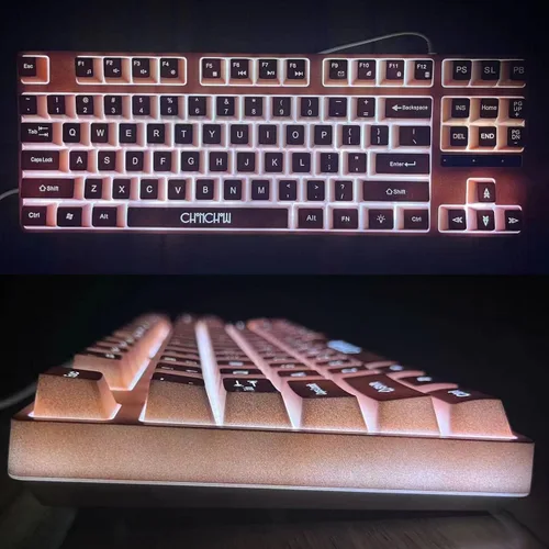 Vista 7 de CHONCHOW - Teclado y mouse para juegos rosa con retroiluminación blanca, teclado CHONCHOW USB con cable de 87 teclas para juegos mini y mouse