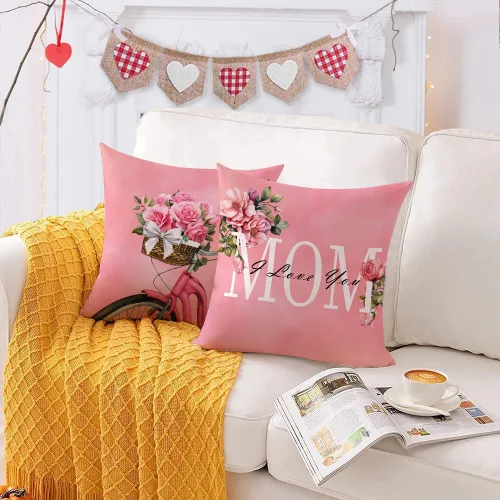 Vista 4 de Juego de 4 fundas de almohada para el Día de la Madre de 26 x 26 pulgadas, fundas de almohada de terciopelo para mamá, fundas de cojín florales
