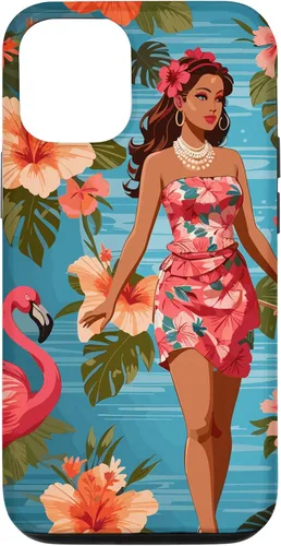 Vista 27 de iPhone 12 Pro Max Vintage Tiki Design - Funda hawaiana retro de flores hula y flamencos