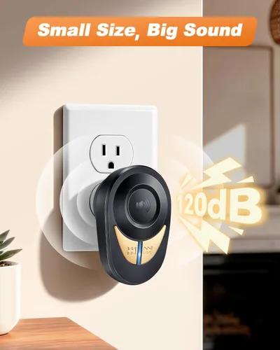 Vista 6 de Timbre inalámbrico, 1300 pies de largo alcance, 48 campanadas y 5 niveles de volumen, botón impermeable IP66, receptor enchufable con bocina