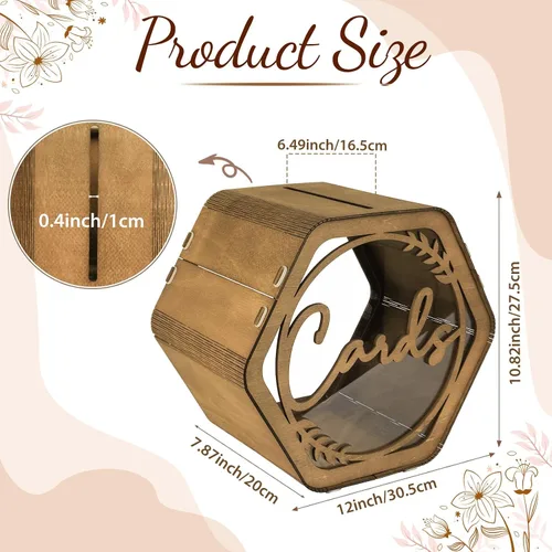 Vista 2 de Caja de tarjetas de boda OurWarm para fiesta, cajas de tarjetas de boda hexagonales marrones para recepción, caja de boda de madera para tarjetas