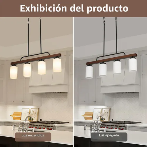 Vista 7 de Iluminación de madera para isla de cocina con pantalla de vidrio de leche 4 luces.
