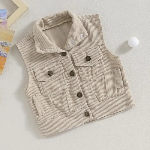 Vista 2 de Omkzanbi Chaleco de pana para niños y niñas, con cuello alto, bolsillo con botones, sin mangas, para otoño e invierno