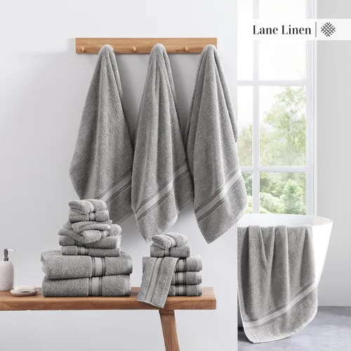 Vista 7 de LANE LINEN Juego de toallas de baño de lujo, 3 piezas, 100% algodón, secado rápido, extra aborbentes, juego de toallas súper suaves, 1 toalla de Gris