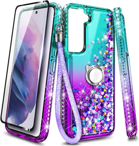 Vista 7 de NZND Funda diseñada para Samsung Galaxy S21 FE 5G con protector de pantalla de vidrio templado, soporte para anillo/correa de muñeca, líquido que