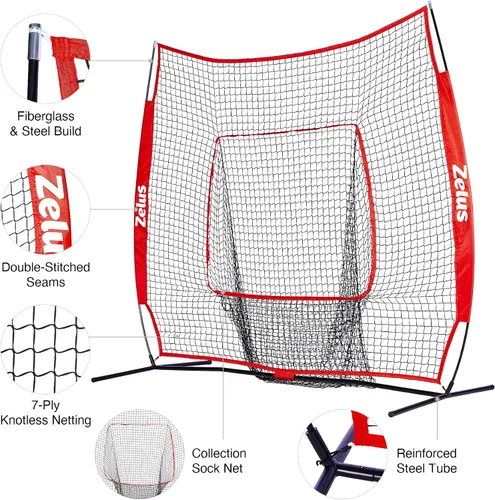 Vista 5 de ZELUS Red de béisbol de 7 x 7 pies, red de práctica de béisbol y sóftbol con tee, pelotas de béisbol y bolsa de transporte para batear y lanzar