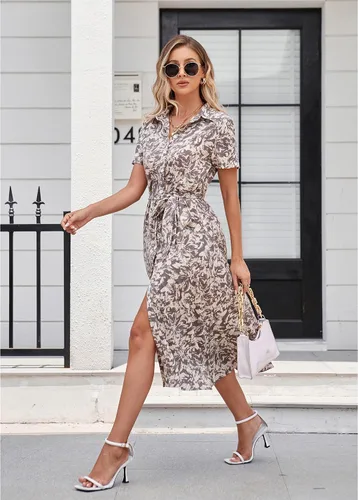 Vista 3 de BROVAVE Vestido camisero de manga corta de verano para mujer, con lazo en la cintura, botones, textura de animales, vestido midi casual