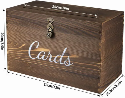 Vista 3 de MDLUU Caja de madera para tarjetas de boda, caja rústica para dinero de boda con cerradura, soporte para sobre, caja de recepción de tarjetas