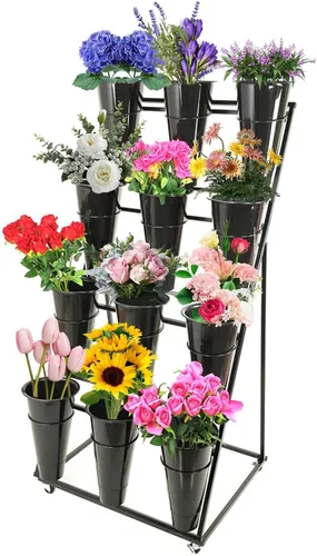 Vista 7 de Soporte de exhibición de flores, soporte de metal para plantas con cubos, estante de carrito de plantas móviles de alta resistencia, para patio