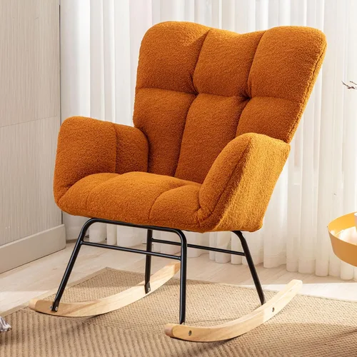 Vista 11 de Silla mecedora moderna para cuarto de bebé, silla deslizadora tapizada con respaldo alto, sillón de acento mecedor con patas de madera maciza