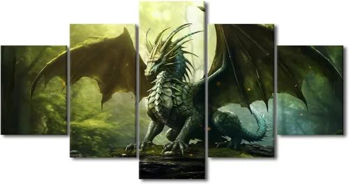 Vista 35 de Lienzo decorativo para pared de sala de estar, lienzo de dragón, 5 paneles, dragón verde, decoración de pared para el hogar, decoración de pared