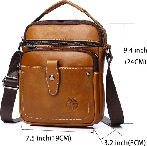 Vista 2 de LUKZIJAES Bolso de mensajero de cuero genuino para hombre, ligero, vintage, bandolera, pequeño, bolso casual para hombre