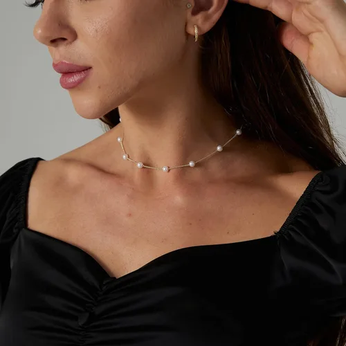 Vista 4 de Delicado collar con colgante de perlas para mujer, chapado en oro de 14 quilates, elegante collar de perlas de agua dulce, collar de perlas con clip