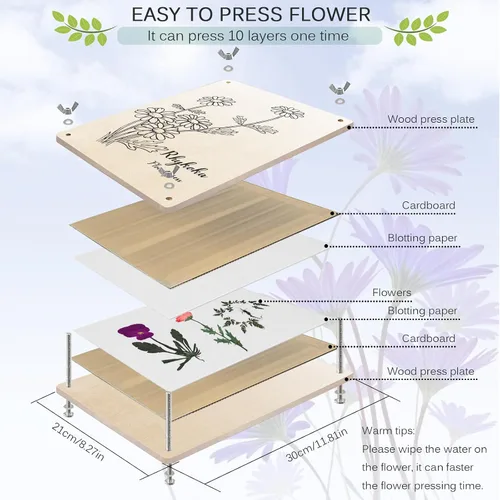 Vista 3 de Rhykoka Kit de prensa de flores grandes para adultos, 10 capas de 11.8 x 8.3 pulgadas, kit de prensa de plantas de hojas de madera, gran regalo