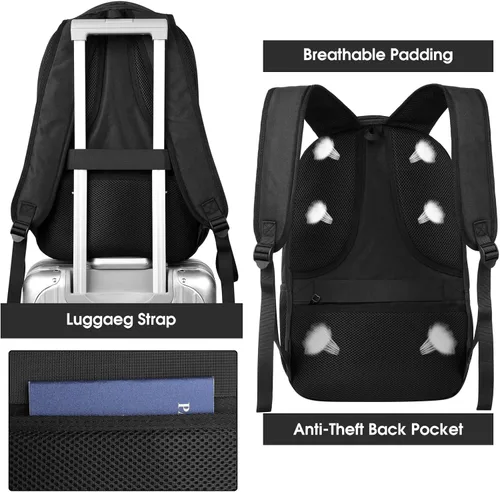 Vista 5 de Mochila para hombres y mujeres, mochila escolar para adolescentes, mochila negra para niños con puerto de carga USB para laptop de 15.6 pulgadas
