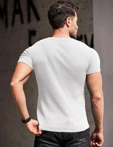Vista 3 de COOFANDY Camisetas musculares elásticas de manga corta con cuello en V para hombre, camisetas de entrenamiento de culturismo, camisa de punto