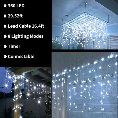 Vista 2 de Toodour Luces de Carámbanos de Navidad para Exteriores, 360 LED 29.5 pies 8 Modos Luces de Hada de Carámbanos en Cadena con 60 Gotas, Luces LED
