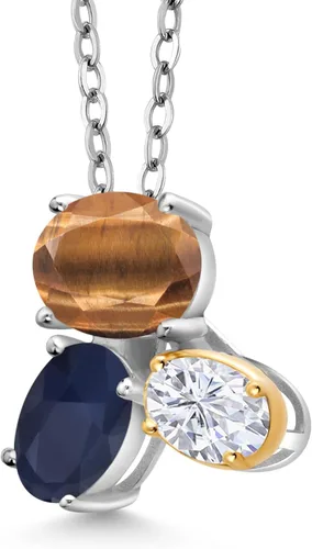 Vista 2 de Gem Stone King Collar con colgante de plata 925 y oro amarillo de 10 quilates, ojo de tigre marrón, zafiro azul y moissanita blanca para mujer