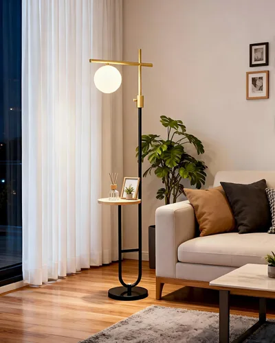 Vista 8 de Lightdot Lámparas de pie regulables doradas y negras de 66 pulgadas con mesa, moderna lámpara alta de pie con pantalla de globo, cabeza