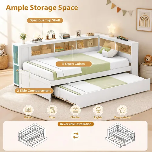 Vista 6 de KOMFOTT Sofá cama doble con nido, cama nido con estantería en forma de L