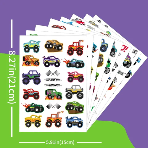 Vista 2 de 150 tatuajes temporales precortados de Monster Truck Race Car para niños Recuerdos de fiesta de cumpleaños temáticos súper lindos, suministros