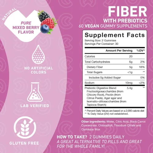 Vista 4 de PUREFINITY Gomitas de fibra para adultos con inulina FOS de raíz de achicoria, suplemento prebiótico sin azúcar para digestión diaria y apoyo al