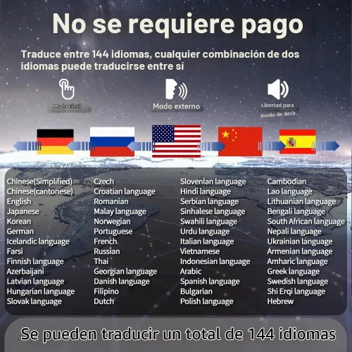 Vista 5 de Auriculares con traductor de idiomas AI, 3 en 1 en tiempo real con 144 idiomas y acentos, dispositivo de traducción y batería de larga duración