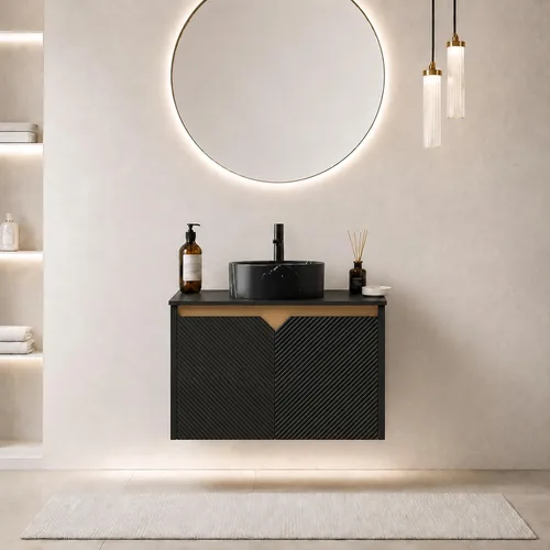 Vista 13 de Vanidad de baño flotante de 24 pulgadas con fregadero, gabinete estriado Fregadero de cerámica negro + negro