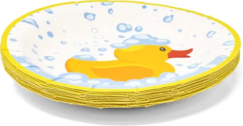 Vista 6 de Gift Boutique 96 piezas de suministros de fiesta de patos de goma, platos de papel, servilleta para patos amarillos, pato, baño de burbujas, pijama