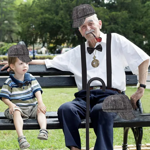 Vista 7 de dipartro Disfraz de anciano para niños y hombres, juego de accesorios de disfraz de abuelo con cejas falsas de bigote, barba, tubos, bastón, gafas