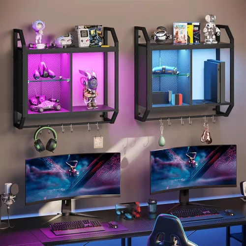 Vista 2 de Bestier Estantes flotantes LED de 25" para juegos en pared, estante montado en la pared con tubo ajustable de vidrio, estante de exhibición colgante