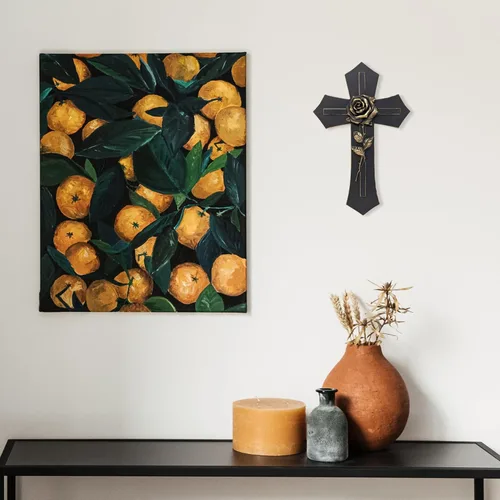 Vista 4 de Cruz de pared negra con tono dorado rosa espiritual decoración arte religioso regalo religioso escultura de arte espiritual de Jesús