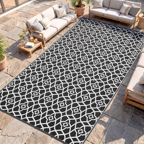 Vista 26 de Outsunny Alfombra de exterior para patio impermeable 9' x 18' rombo negro y Borde rombo negro y gris